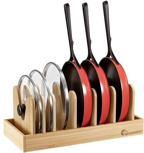 Housolution Bamboo Pan Organiser for Cupboard, Baking Tray Storage Rack with 7 Adjustable Dividers, Pot Lid and Chopping Board Holder for Kitchen