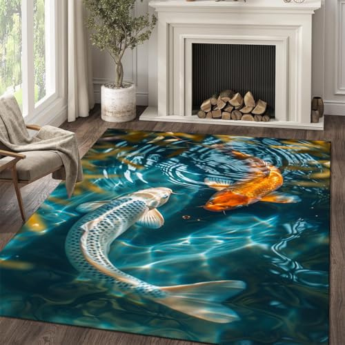 SMXVRC Karpfen Drucken Wohnzimmer Teppich, 160x230cm, Ruhe Koi-Fische Teich Landschaft Flurteppich, Glitzernde Wasserlandschaft Wasserlandschaft Haustierfreundlich Fußmatte für Bauernhof Studie