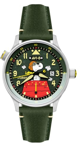 AVI-8 Hawker Hurricane Mckellar Dual Time Peanuts Snoopy Flying Ace Limited Edition AV-4151 - Orologio da uomo, 43,5 mm, con cinturino in pelle, Pilota di pino