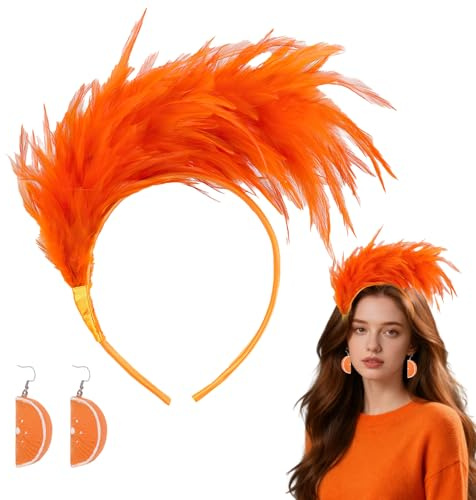 Feder Haarschmuck Haarreif mit Orangen Ohrringe, Haarreif Orange, Karneval Fasching Früchte Kostüm, 1920er Fascinator Kopfschmuck für Damen, Orange Obst Karneval Zubehör, Aperol Kostüm Accessoires