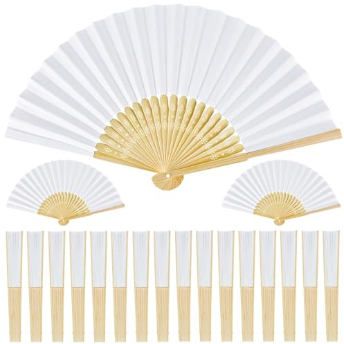 MAOOY 30Pcs White Paper Fans for Wedding Favours,Folding Hand Fan Handheld Fan Bamboo for Wedding Decorations, Bride, Chinese Fans
