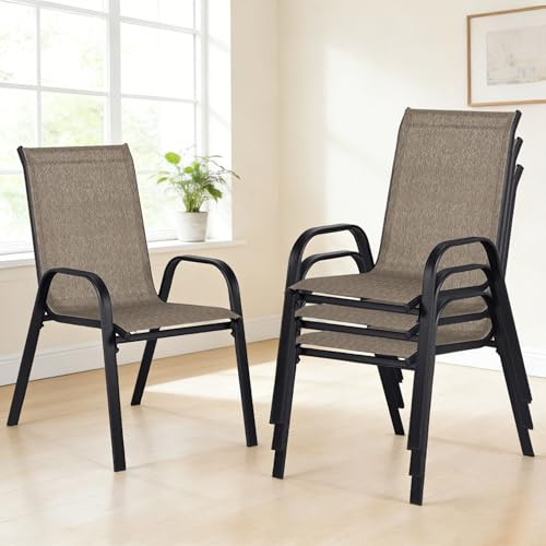 Lot de 4 Chaises de Jardin Extérieur, Chaise Exterieur Terrasse Empilables, Fauteuil de Jardin Exterieur Cadre Métal Ergonomiques, Max 135KG, Chaise Salle à Manger avec Courantes Dossier Haut, Marron