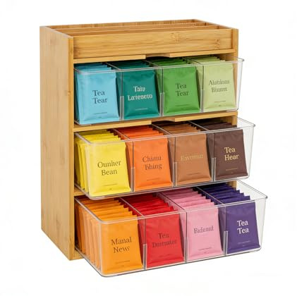 Teebeutel Behälter, Bambus Halterung für Teebeutel, Teebeutelbox, Aufbewahrungsbox zur Teebeutel-Organisation Tee Organizer Für Büro, Küche und Schrank (3 Ebenen)