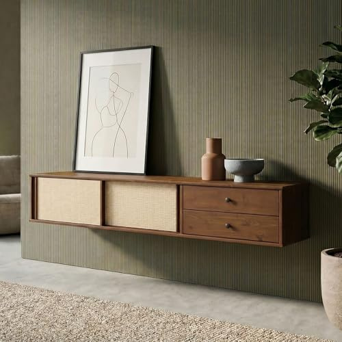 IDIMEX Meuble TV Suspendu Simona 175 cm avec 2 Tiroirs et 2 Portes Coulissantes en Rotin, en Bois Massif Coloris Châtaignier, pour téléviseur jusqu'à 75, Style Vintage Scandinave Années 50