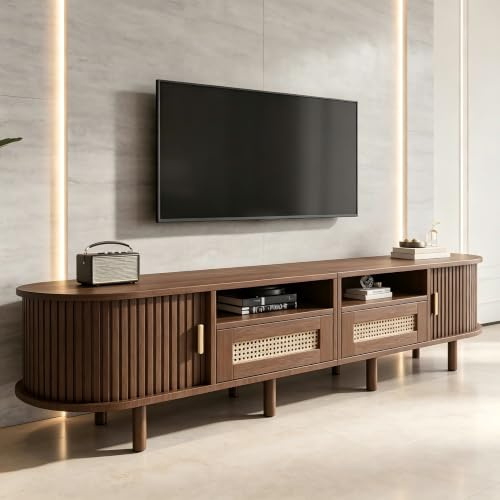 VILUXE Mueble para TV, 170 cm de largo, mueble bajo para TV, con 2 cajones de diseño de ratán y 2 puertas correderas, soporte de TV ovalado para televisores de hasta 70 pulgadas, salón, nogal