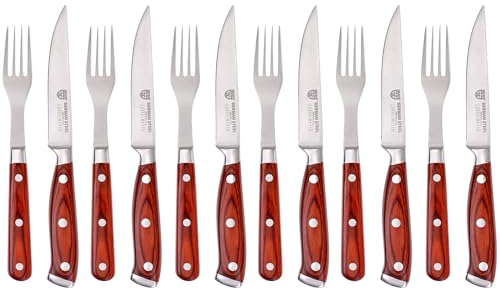 GRÄWE Steakbesteck 12-teilig, Besteckset für 6 Personen, Steakmesser Set, Steakgabel, Pizzabesteck, Pizzamesser Rustikal