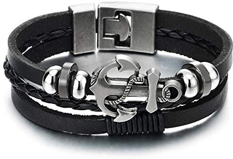 COOLSTEELANDBEYOND Men Women Marine Anchor Sailing Rope Black Braided Leather Bracelet Three-Row Leather Wristband Wrap