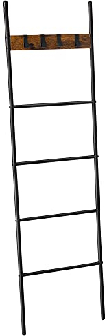 VASAGLE Scaffale scaletta inclinata, porta asciugamani, 5 ripiani, 44 x 160 cm, salvaspazio, telaio in acciaio, 4 ganci, per coperte, asciugamani, stile industriale, marrone rustico e nero LLS016B01