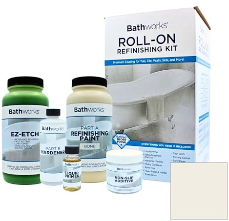 BATHWORKS Bathtub Refinishing Kit - Bundle- Bone- EZ Etch & Bathtub Refinishing; Non-Slip Protection; Tub; Tile; 16 oz. EZ Etch Porcelain, Ceramic, Etching Paste; 24 Hour Dry time; Resin Finish