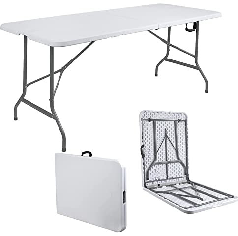 Display Guru Heavy Duty 6ft Folding Table Plastic Trestle for Garden Patio BBQ Picnic Party Dining Camping Catering Market White with Carrying Handle