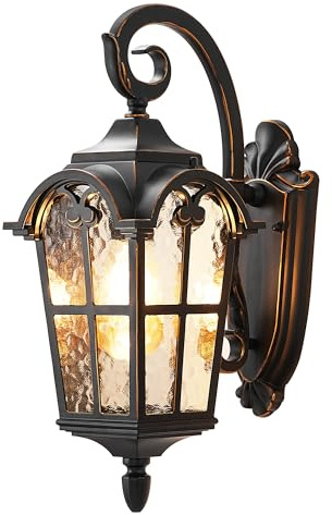 DEWENWILS Outdoor Wall Light Fixtures, Black Roman 17.7 H Exterior Wall Lantern, Anti-Rust & Waterproof, Water Ripple Glass, Outside Wall Sconce Porch Light for House, Garage