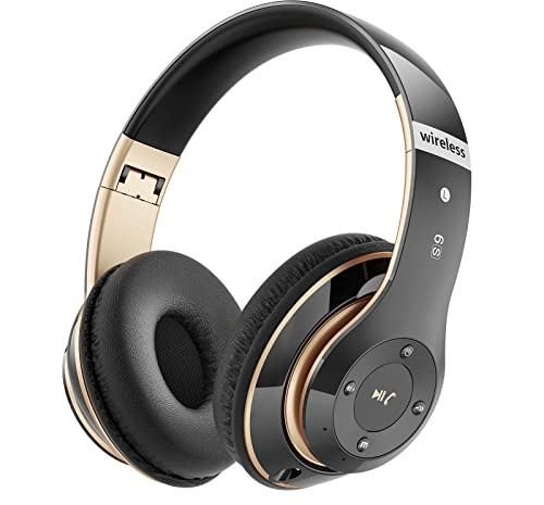 Falebare Bluetooth Headphones Over Ear, 6S Wireless Headphones Wired with 6 EQ Modes, 40 Hours Playtime Foldable HiFi Stereo Headset with Microphone, FM/TF for Cellphone/PC/Work (Black & Gold)