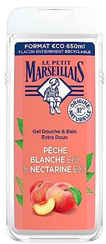 Le Petit Marseillais | Gel Douche Extra Doux Pêche Blanche Bio & Nectarine Bio (flacon de 650 ml) – 92 % d'ingrédients d'origine naturelle – pH neutre pour la peau et sans colorant