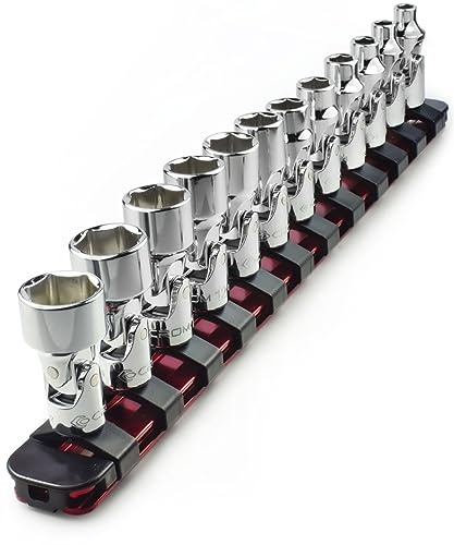 CROM Universal Flex Socket Set - 1/4 Inch Drive 6-Point 12-Piece Swivel Socket Set from 5mm to 15mm Metric - Swivel Joint for Easier Access to Tight Spaces - Aluminum Storage Rail Included