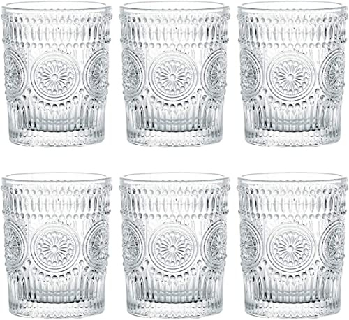 MEETOZ 6 Pack 9.5 oz Romantic Water Glasses, Premium Drinking Glasses Tumblers, Vintage Glassware Set for Whisky, Beer, Juice, Beverages, Cocktail