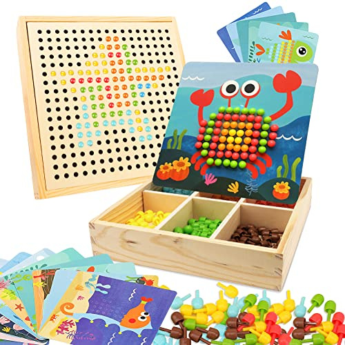 Gohytal Mosaik, lekspel för barn, leksaker från 2 3 4 5 år, trämosaik, pysselset, barn, pegboard, gafflar med plug-in pärlor och kort, Montessori lekspel, 3D-presenter för pojkar/flickor