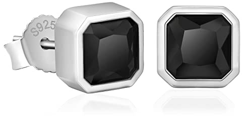 KRKC&CO S925 Silber Ohrringe Herren Iced Out, Viereckige Schwarz Silber Ohrringe 6mm, allergiefreie Ohrringe