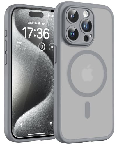 TOCOL für iPhone 15 Pro Hülle für Magsafe, Vollständiger Kameraschutz Stoßfest Kratzfest Transluzente Rückseite Magnetisch Handyhülle für iPhone 15 Pro Case, Grau