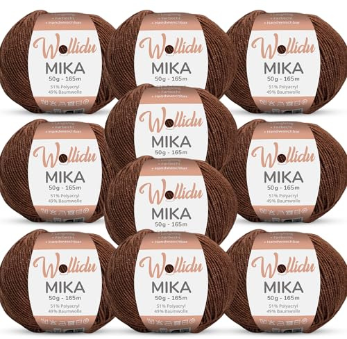 Wollidu Mika Stickgarn, 51 % polyakryl, 49 % bomull, för virkning och stickning, Oeko-Tex, 10 x 50 g, 165 m, mörkbrun