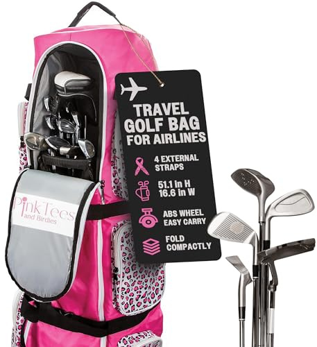 Reise-Golftasche für Fluggesellschaften, 600D strapazierfähiges Oxford mit Rädern, Taschen, industrieller Reißverschluss, Riemen, Griffen, leicht und faltbar, gepolsterter Schutz, rosa