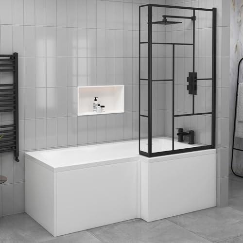 1700 x 850mm Right Hand L-Shaped Shower Bath Square Bathtub with Side & End Panel + Matt Black Abstract Grid Screen & Fixed Return Panel