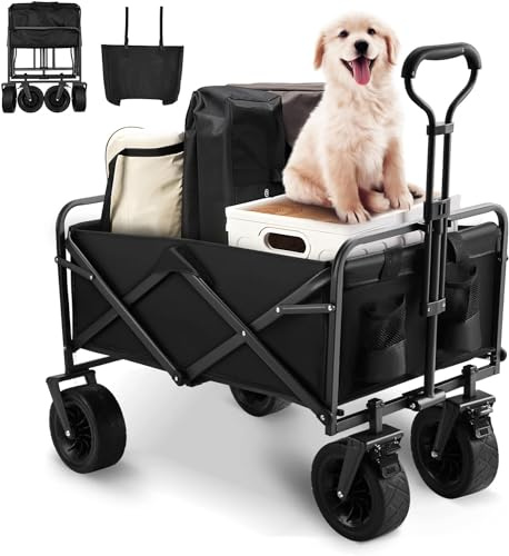 MYHOMiE 100KG Heavy Duty Collapsible Wagon Cart with Wheels, Foldable Beach Trolley, Portable Camping Wagon for Outdoor, Garden, Picnic, Shopping, Fishing, Adjustable Handle, Black