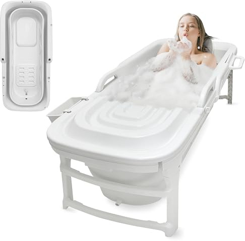 SereneLife 1.5M Fristående Badkar Spa Set - Fällbart Bekvämt Badkar med LED Spa Belysning - Inkluderar Bag, Träbricka, Dräneringsrör, Badkudde och Portabel Dusch