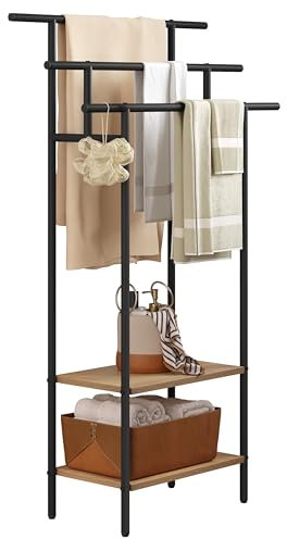 EUGAD Portasciugamani Indipendente a 3 Livelli, Portasciugamani a Scaletta con 2 Ripiani, Portaoggetti con Appendini per Bagno/Camera da Letto/Balcone, Metallo Nero + Legno Massello Effetto Rovere