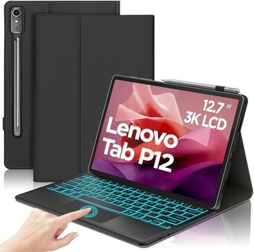 SENGBIRCH Funda de teclado para Lenovo Tab P12 de 12.7 pulgadas 2023 - Diseño del Reino Unido 7 colores retroiluminados, teclado inalámbrico Bluetooth desmontable para Lenovo Tab P12 de 12.7 pulgadas