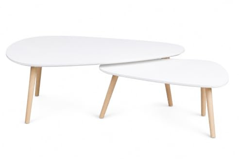 spot on dealz Nest of 2 Coffee Tables Stylish Tear Shaped Design White Modern Nesting Tables with 12mm MDF Top and Pine Wood Legs Space Saving for Living Room Bedroom Office Home Decor