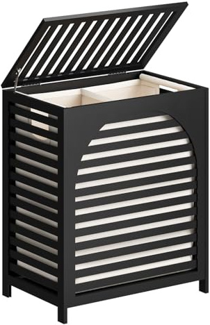 Black Laundry Hamper, Laundry Hamper with Lid, 27.3 Gallon (103L) Bamboo Wood Clothes Laundry Basket with Lid and Handles, Removable Liner