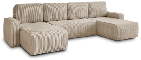 Sofnet Wohnlandschaft mit Schlaffunktion Roma - U-Form Couch, Schlafsofa mit Bettkasten, Couchgranitur mit Bettfunktion, Big Sofa, Cord Stoff (Beige (Poso 100))