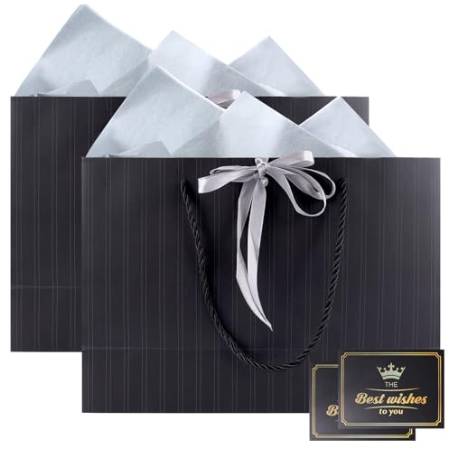 KATIMI 2PCS Grand Sac Cadeau Anniversaire, Pochette Cadeau Papier, Sacs Cadeaux en Papier avec Poignées + Rubans + 4 Mouchoirs + 2 Cartes pour Femme Fille Saint-Valentin Fêtes Noël Mariage (Noir)