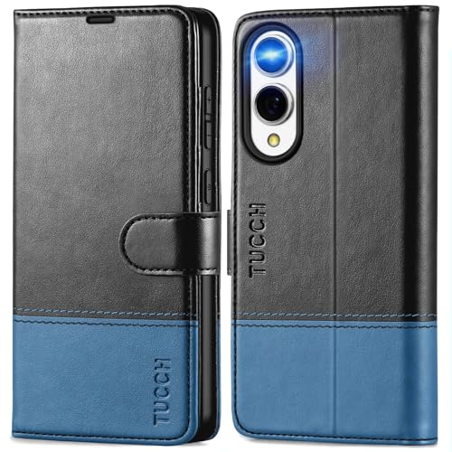 TUCCH Funda para Galaxy S25 Edge 5G, Negro & Azul Claro | Piel PU, Bloqueo RFID, Ranura para Tarjeta, Cierre Magnético, TPU Antigolpes