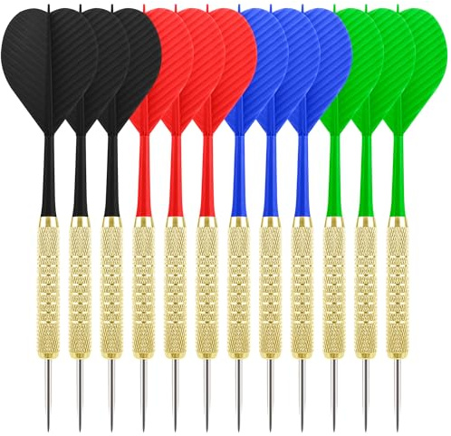 CyeeLife Dartpfeile mit Metallspitze,12 Stück Steeldarts Set mit 4 Farbigen Integriertes Dartflug und Schaftsystem,Stahlspitze Darts Set