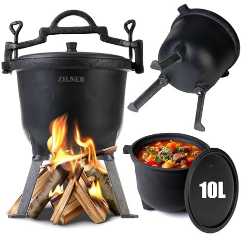 ZILNER Caldaia in ghisa, 10 l, per gulasch da esterno con treppiede, coperchio a vite e piedini – Casseruola per falò, barbecue e campeggio – Dutch Oven (nero, 10 L)