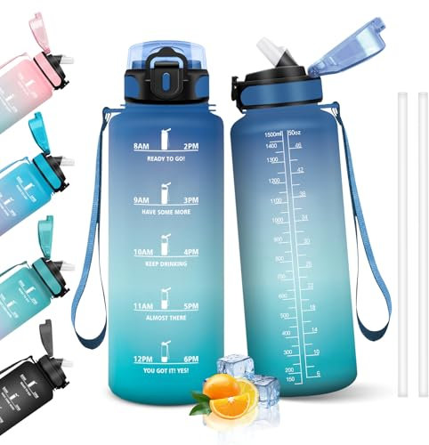 HoneyHolly Botella Agua, 1.5L Botella Agua Gimnasio con Pajita, Cantimplora con Marcador de Tiempo, Water Bottle, Prueba de Fugas, Cantimplora para Escuela, Senderismo, Fitness