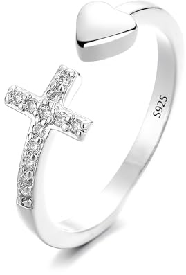 Epoch World 925 sterling silver ring kors öppna ringar förlovningslöfte hjärta ring silver justerbar storlek kubisk zirkon för kvinnor flickor