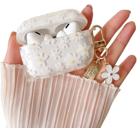 MINSCOSE Kompatibel mit AirPods Pro/Pro2 Klar Hülle,Niedliche Blume Muster Design mit floralen Schlüsselanhänger, weiche TPU schützende stoßfeste Hülle für Frauen Mädchen-weiße Blume