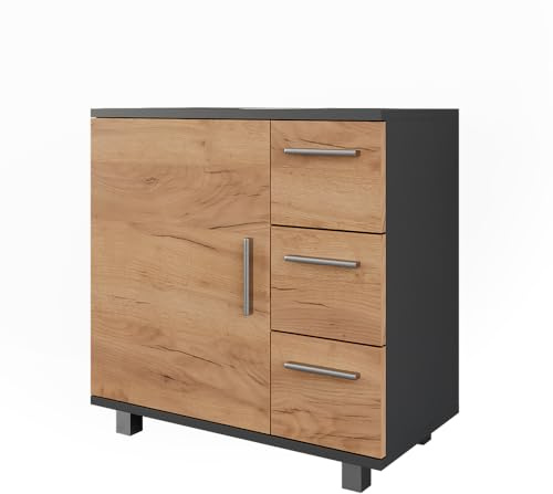 Vicco Mobiletto per lavabo Ilias, Antracite/Rovere dorato, 60 x 60.8 cm con anta e 3 cassetti, con intaglio per sifone per l'installazione su lavabo