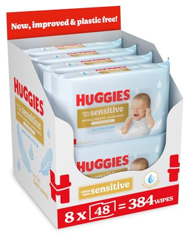 Huggies Pure Extra Sensitive Baby Wipes – Plastic Free Wet Wipes, 99% Water, Fragrance Free, Hypoallergenic, Extar soft texture with soft pillows. – 8 Pack (384 Wipes)