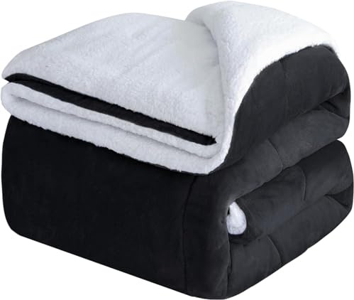 RUMBALUXY Coperta in pile Sherpa, coperta spessa e calda per l'inverno, morbida coperta in peluche per letto, divano, viaggi, nero, 228x228cm