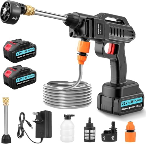 21V Cordless Pressure Washer, 62 Bar Handheld Pressure Washer gun, 6-in-1 Portable Power Washer with 5M Hose, Cordless Power Jet Wash for Car Gardening (2 Batteries)