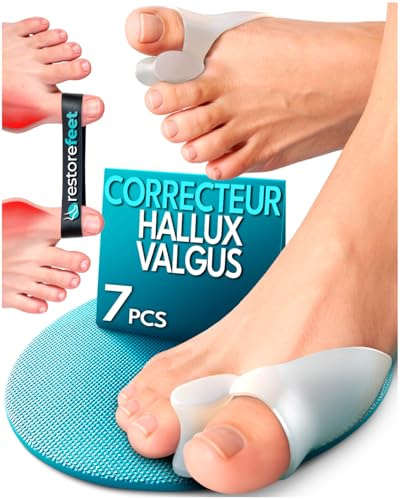 RestoreFeet Tutore Alluce Valgo Barefoot Uomo Donna – 3 Paia Separatori + Fascia Correttiva – Silicone Medico Senza BPA – 7 Pezzi Totali – Uso Giornaliero e Notturno