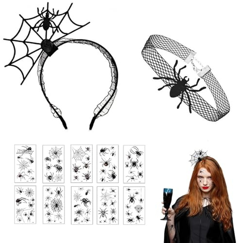 Halloween Haarreif Damen,Halloween Accessoires Damen Haarschmuck,mit 10 pcs Halloween Tattoos Spinne,Haarreifen Halloween Kopfschmuck,Spinnenkostüm damen Kostüm,Spinnen Haarreif Kinder