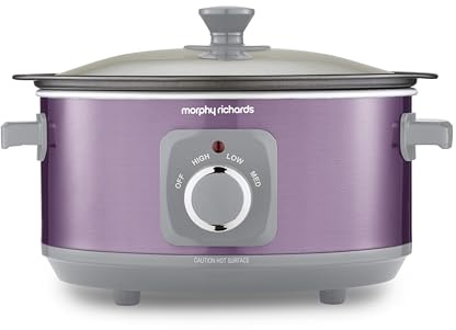 Morphy Richards Accents 3.5L Sear & Stew Slow Cooker, Shatter Resistant Non Stick Aluminium Pot, Single Pot Cooking, Compact, 3 Heat Settings, Hob Proof, Glass Lid, Easy Clean, 163W, Purple, 460024