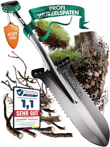 RASENKÖNIG Bêche Pro avec scie à racines [vainqueur du test] Bêche pour le jardinage | avec 20 dents de scie, poignée ergonomique et large bord de marche | Bêche de jardin stable pour creuser plus