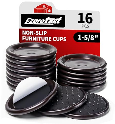 Ezprotekt 1 5/8 Round Non Slip Furniture Pads for Hardwood & Tile Floors, 16 Pcs Anti Skid Furniture Coasters Cups Floor Protectors for Bed, Sofa, Table, Chair, Cabinet, Brown/Black