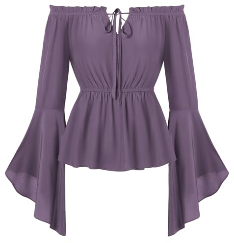 Skarlet mörker kvinnor medeltida blus axellös långärmad renässans traditionell blus elastisk midja toppar, lila, M