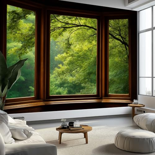 Ventana De Fantasía Con Marco De Madera Bosque Papeles Pintados de Pared 200 x 140 cm Fotomurales, Verde Tejido No Tejido Papel Tapiz Fotográfico - Salón Dormitorio Oficina Hotel Decorativos Murales